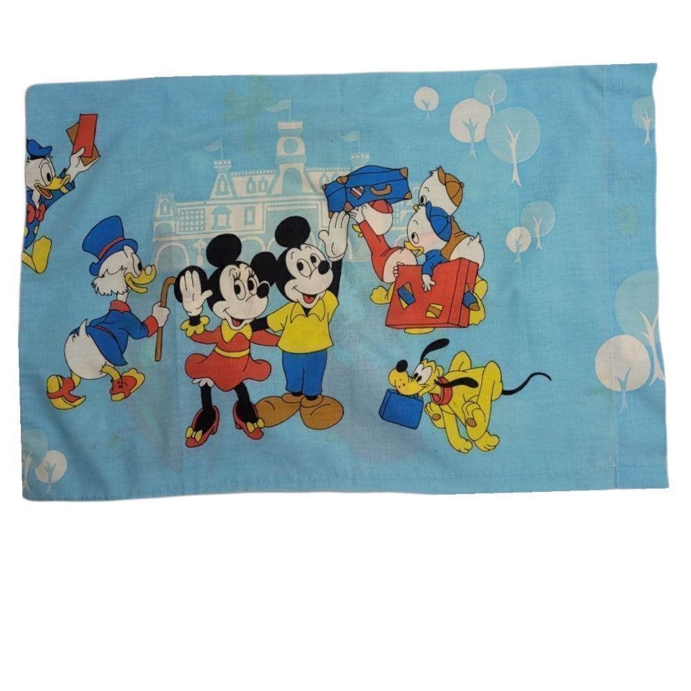 VINTAGE 70s pillow case Disney Mickey and Minnie Mouse vacation and knight